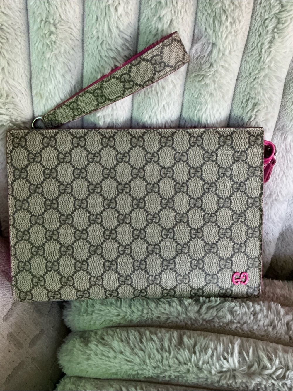 Gucci Beige Monogram Canvas Wristlet with Pink Trim